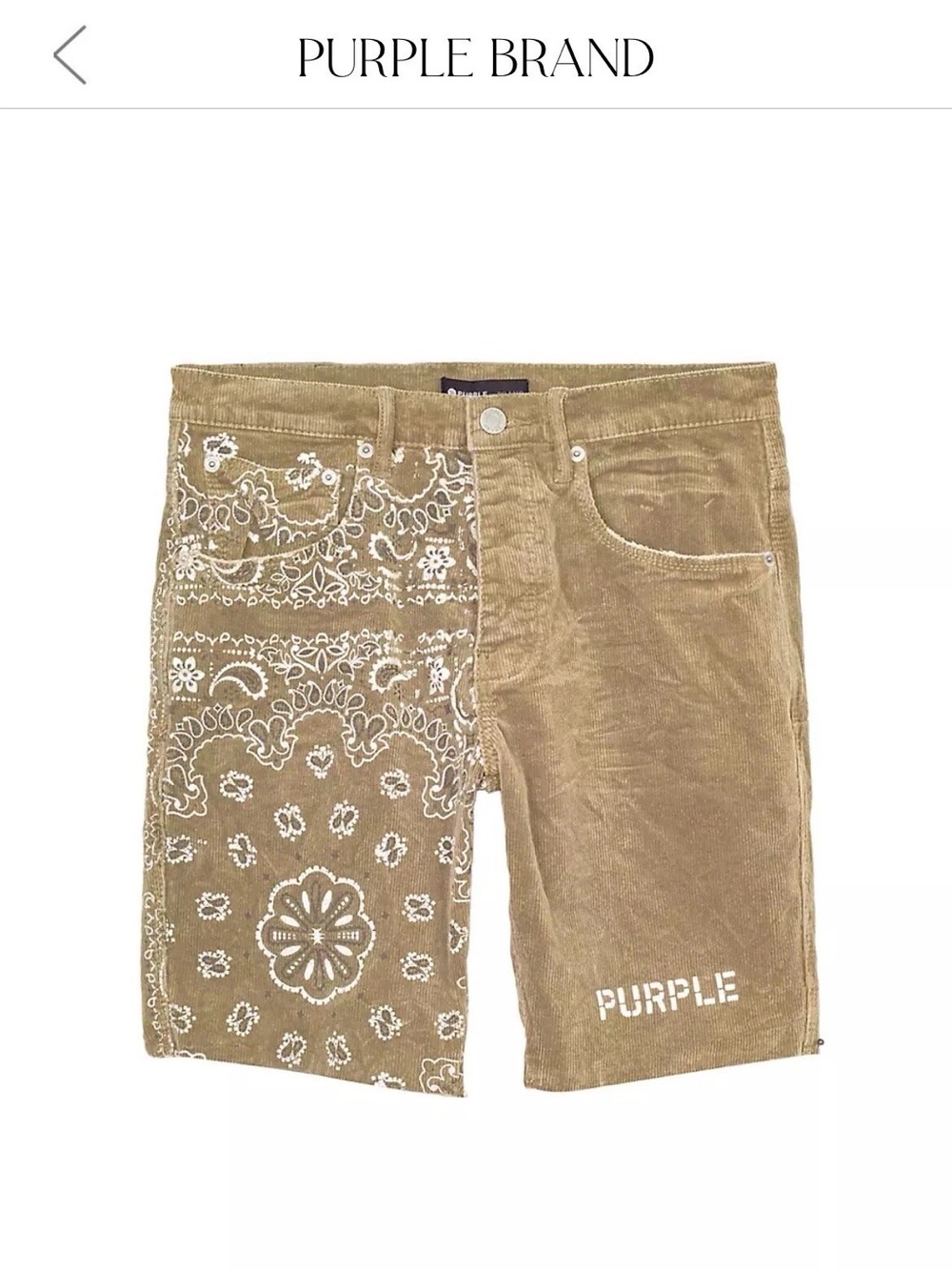 PURPLE BRAND Men’s Tan Corduroy Jean Shorts with Bandana Print